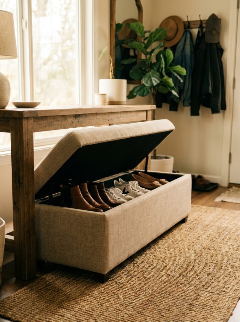 Storage ottoman tucked under an entryway console