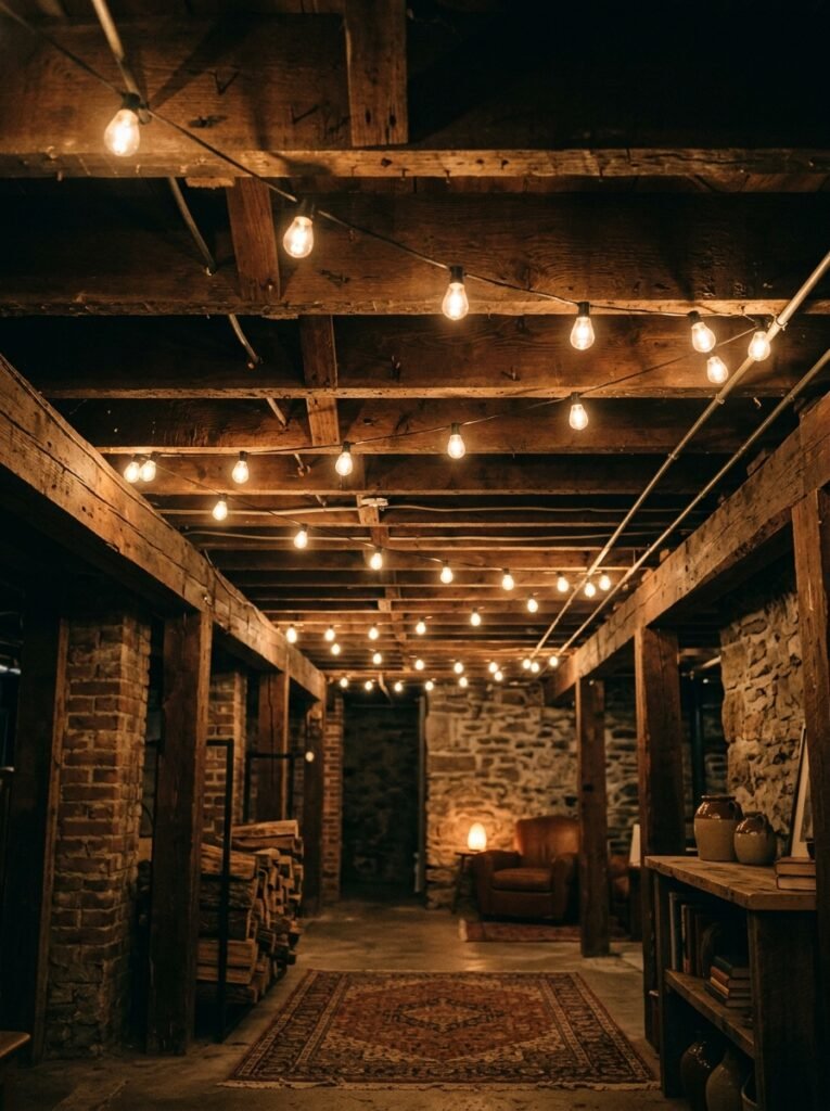 String lights run along exposed basement joists