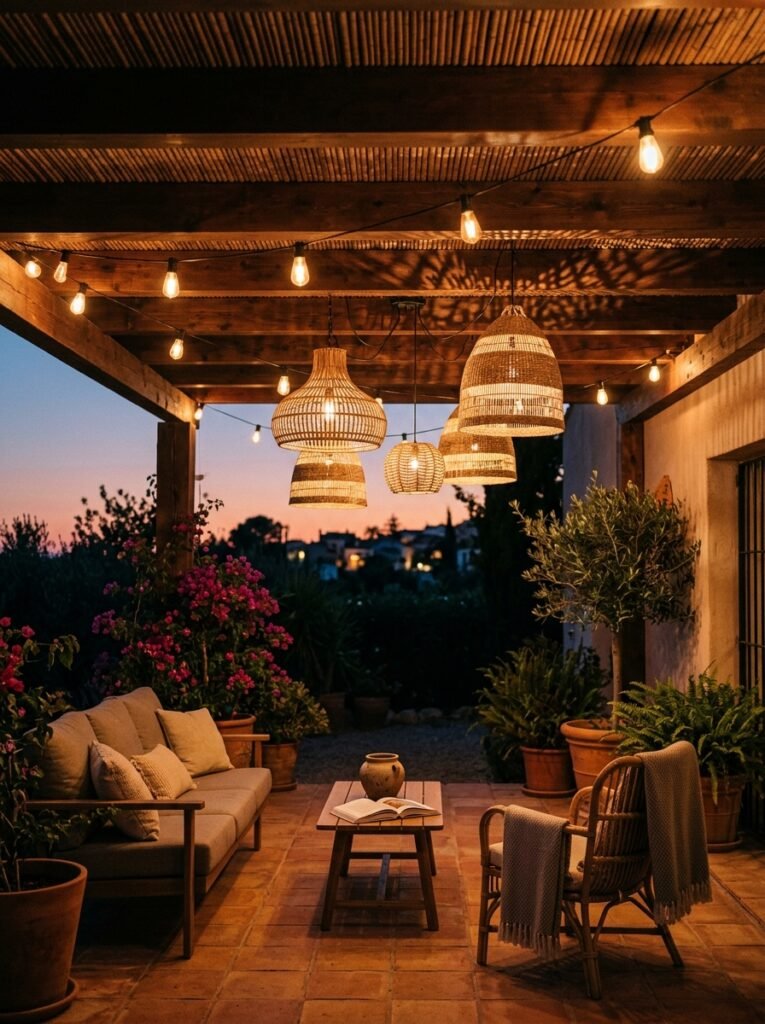 String lights and wicker pendants over a fall patio