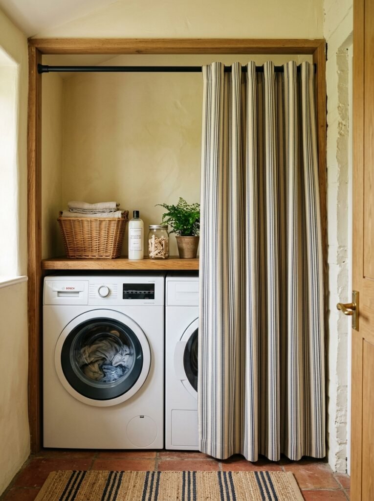 Striped curtain concealing a washer and dryer