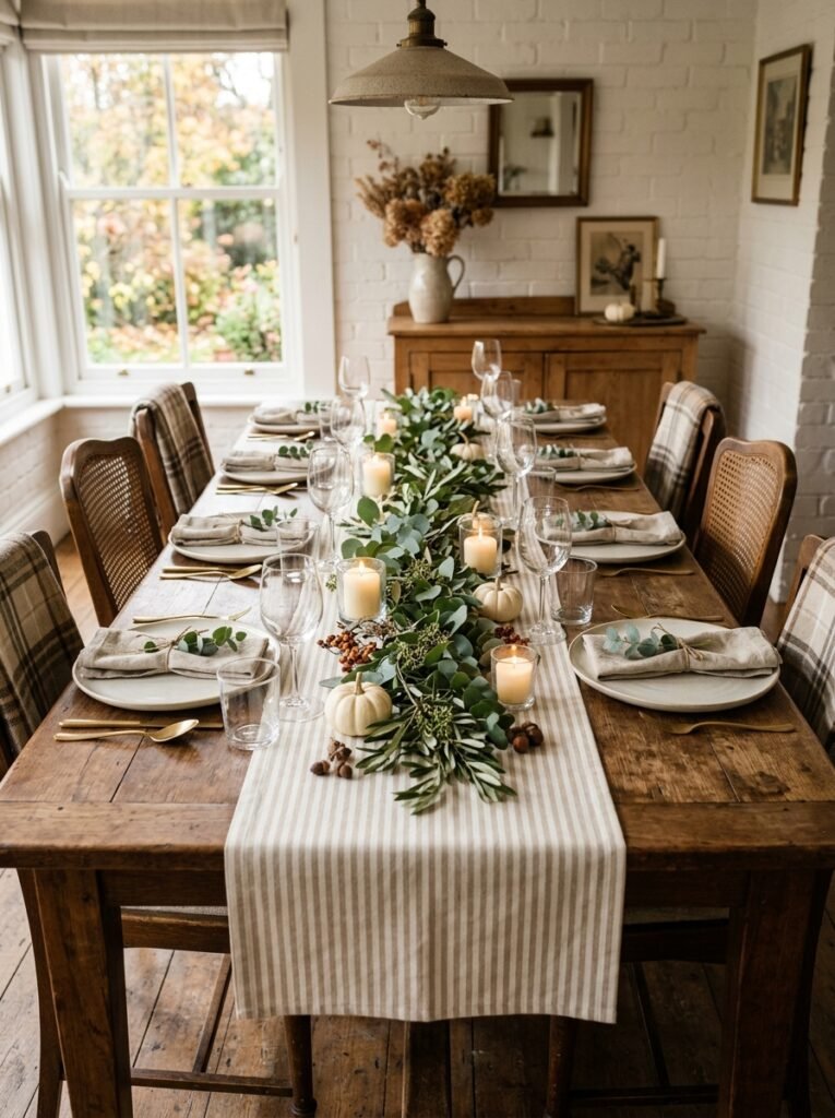 Ticking stripe runner with eucalyptus on a dining table