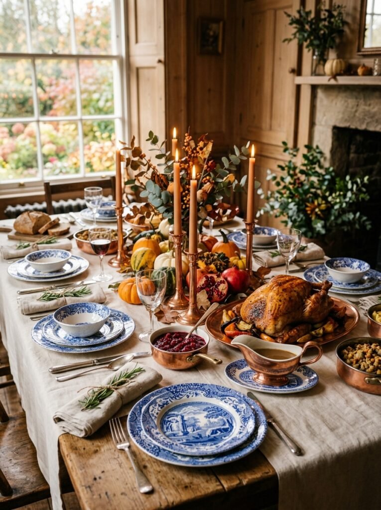 Blue and white transferware with copper accents
