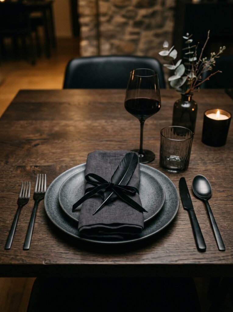 Charcoal napkin tied with black velvet ribbon and feather.