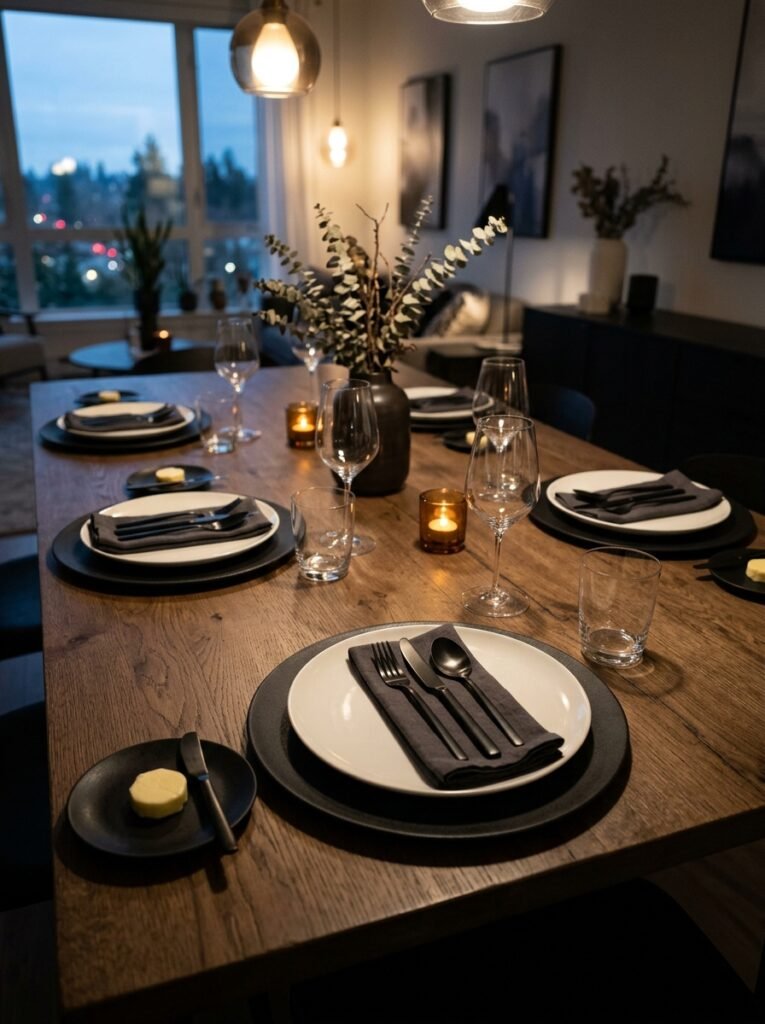 Matte black charger plates with white porcelain settings.