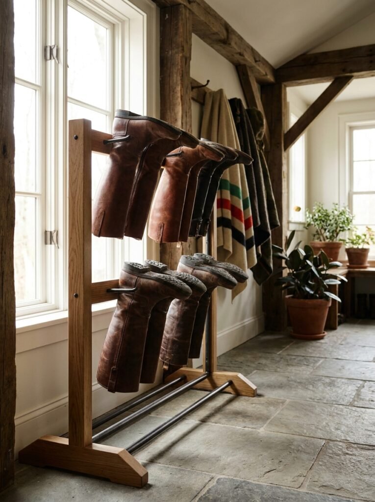 Tall boots hanging from a boot rack in an entryway