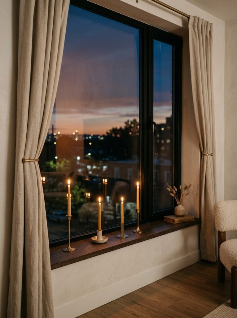 Taper candles on a window ledge at dusk