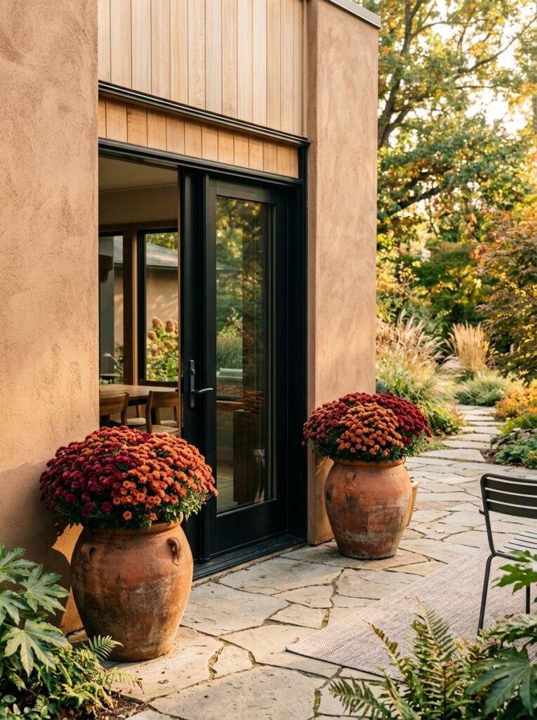 Terracotta pots with rust mums flanking a patio door