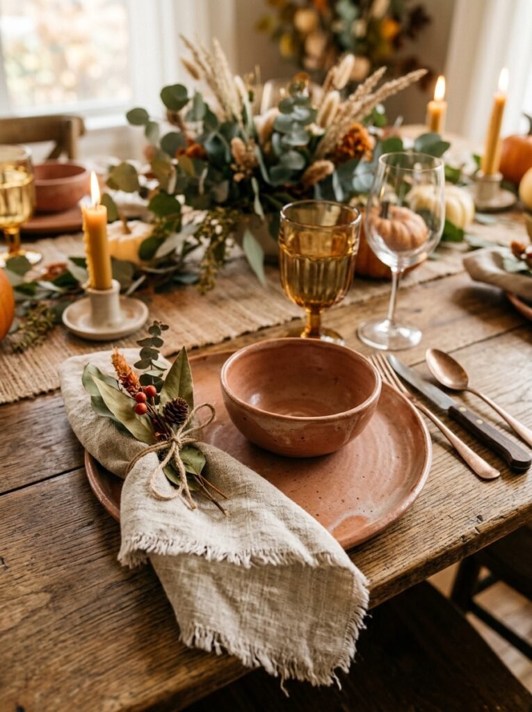 Terracotta stoneware with frayed linen napkins