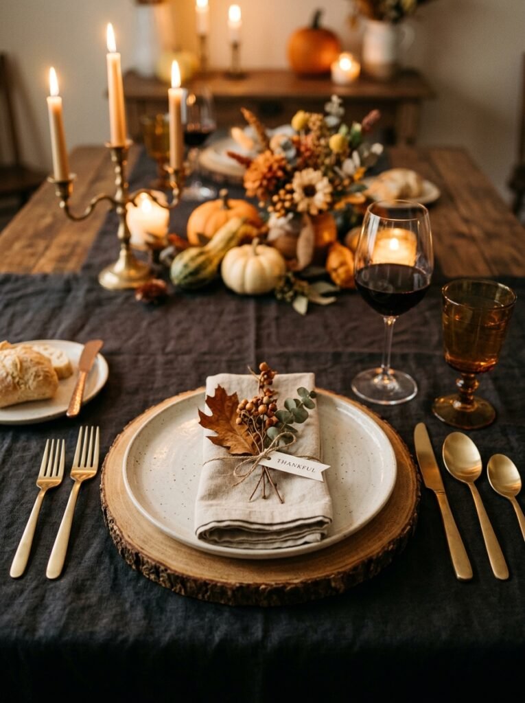 Raw wood charger plate with brushed gold flatware