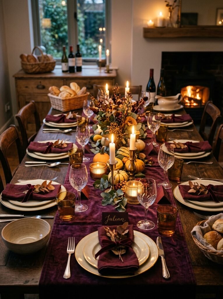 Deep plum velvet runner on a Thanksgiving table
