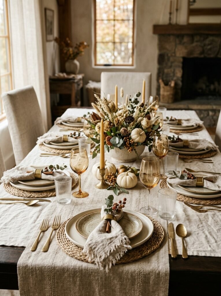 Cream and oatmeal textured tablecloth set for Thanksgiving