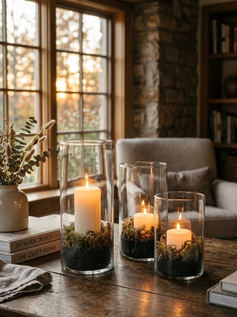 Hurricane glass candles with black sand and moss bases