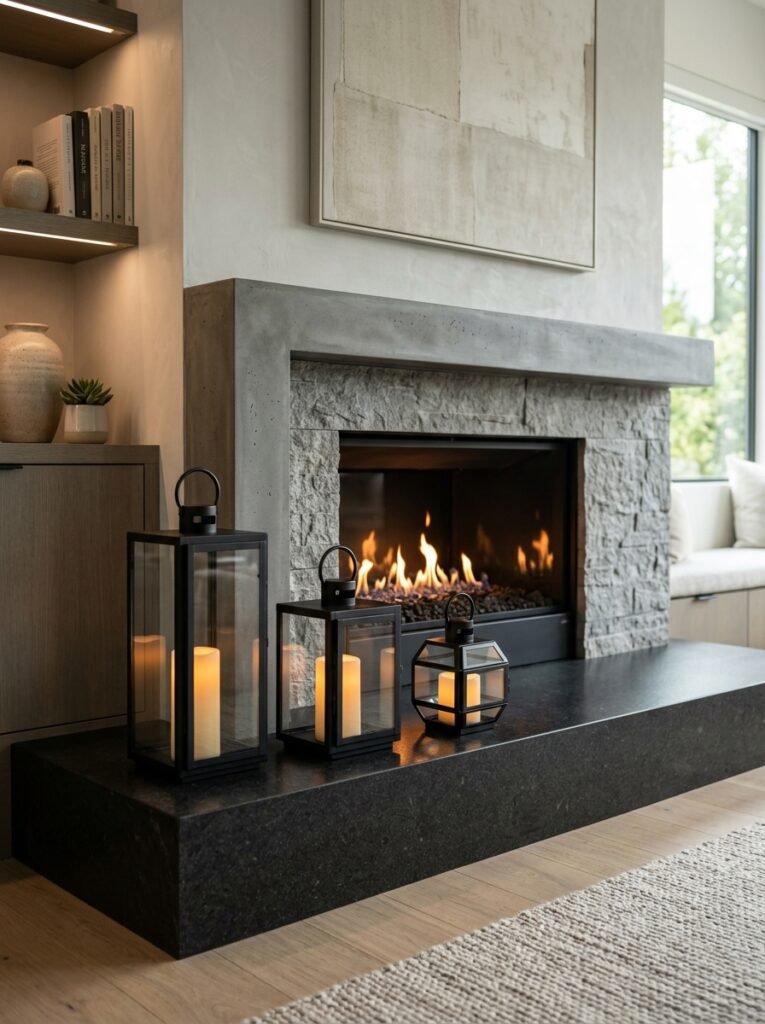 Black metal lanterns grouped on a Halloween hearth