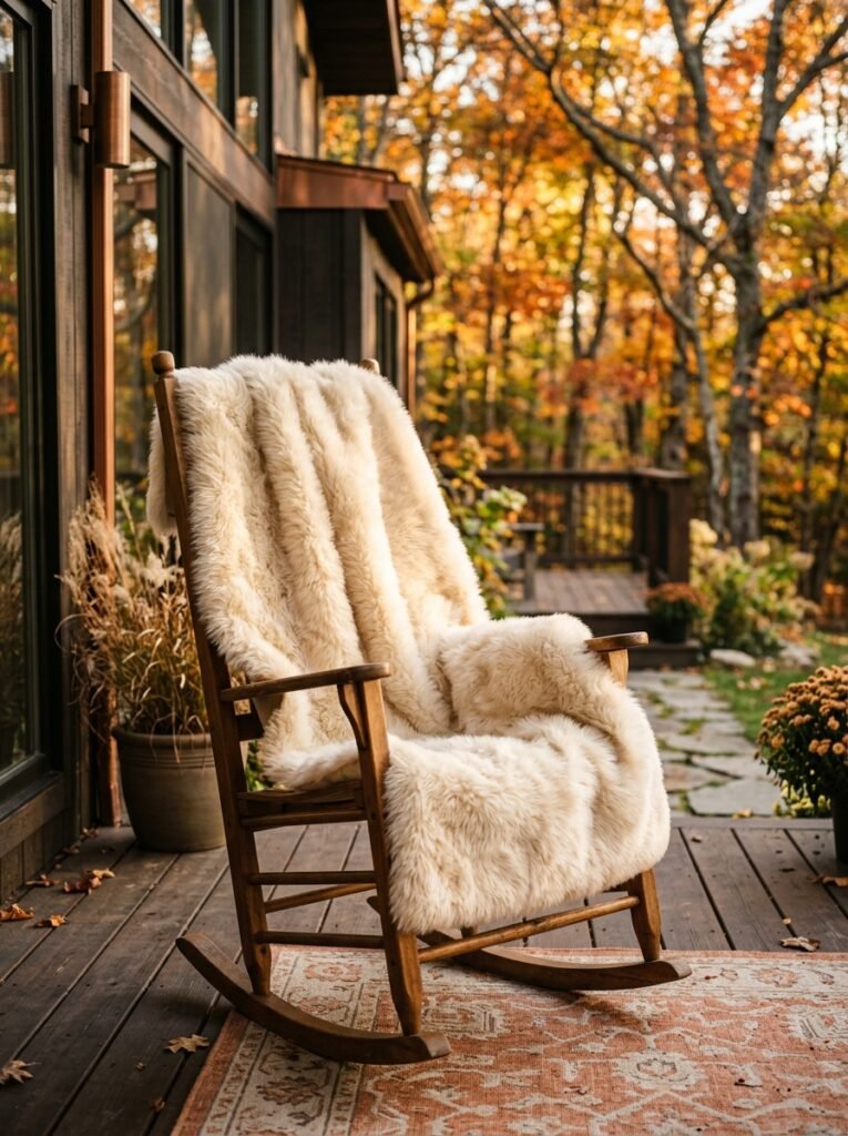 Faux fur throw over a porch rocking chair