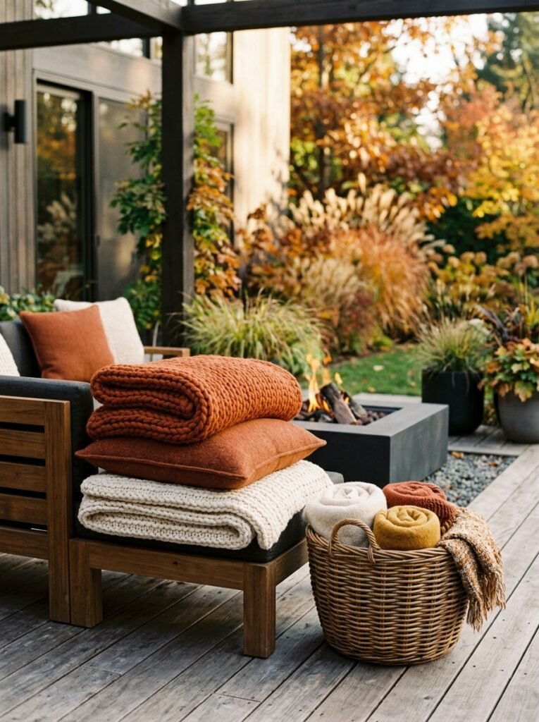 Knit throws and wool pillows on fall patio seating