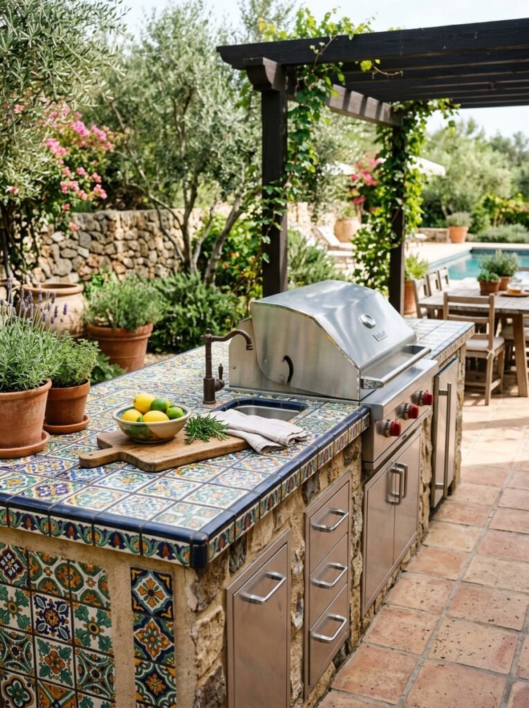 Patterned tile countertop on an outdoor kitchen island