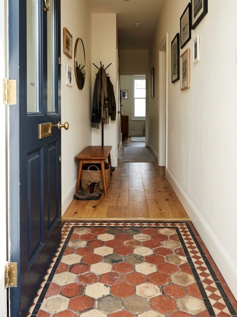 Tiled landing pad inside a narrow entryway door