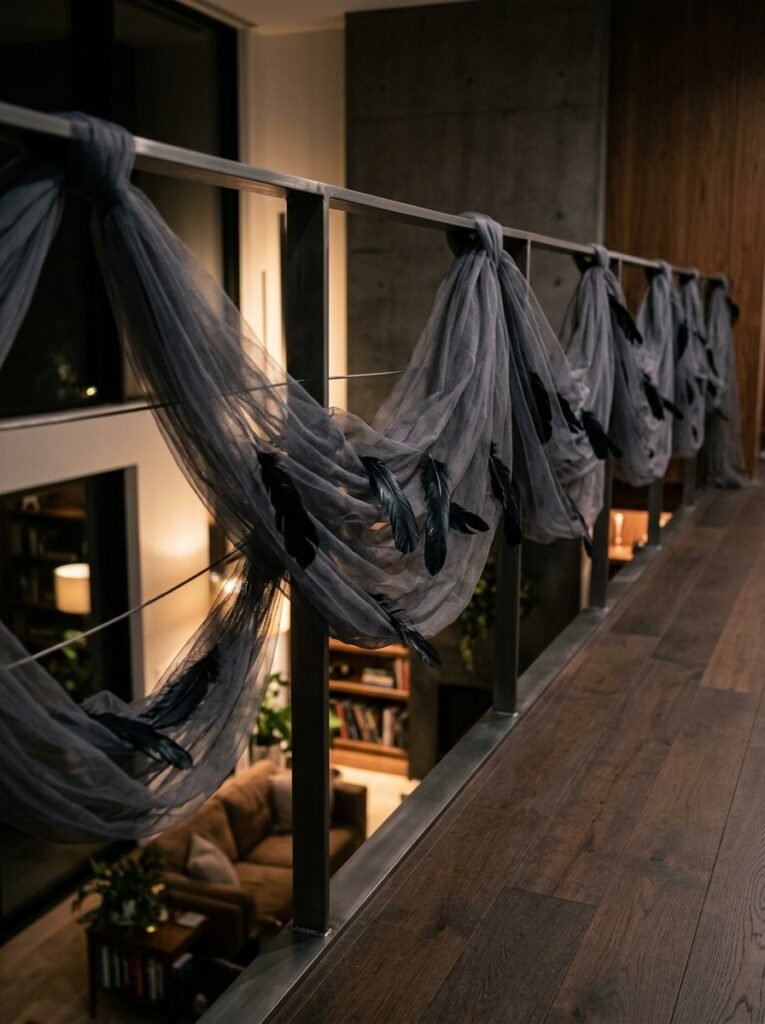 Charcoal tulle and black raven feather garland draped on a minimalist balcony railing.