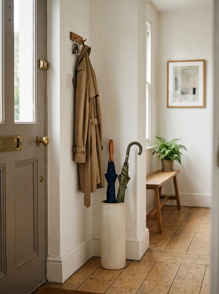 Slim cream ceramic umbrella stand tucked beside the front door in a narrow entryway