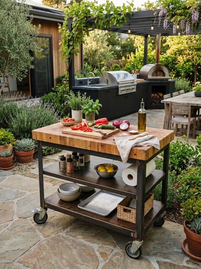 Rolling cart with butcher block top as an outdoor prep station
