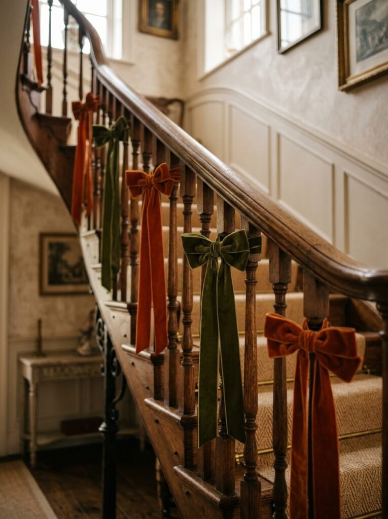 Velvet ribbon bows tied on staircase spindles