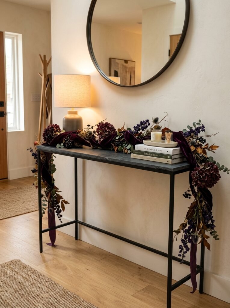 Deep plum velvet and dried floral garland draped across a modern console table.