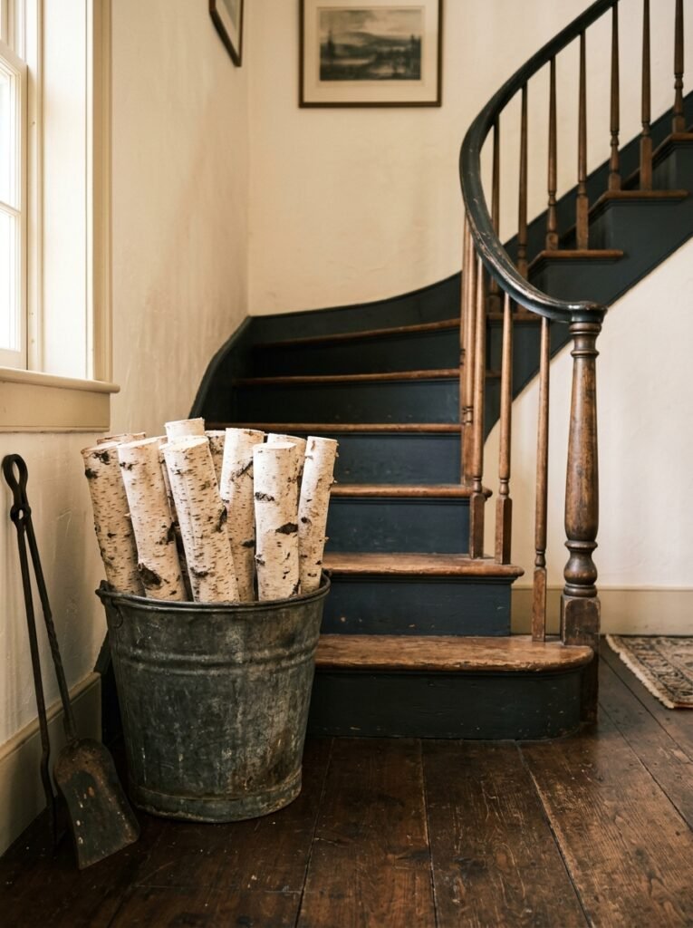 Galvanized buckets of birch logs beside a staircase