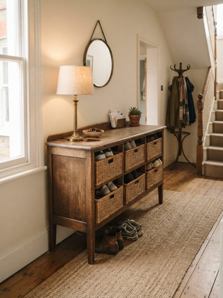 Vintage sideboard repurposed as entryway shoe storage