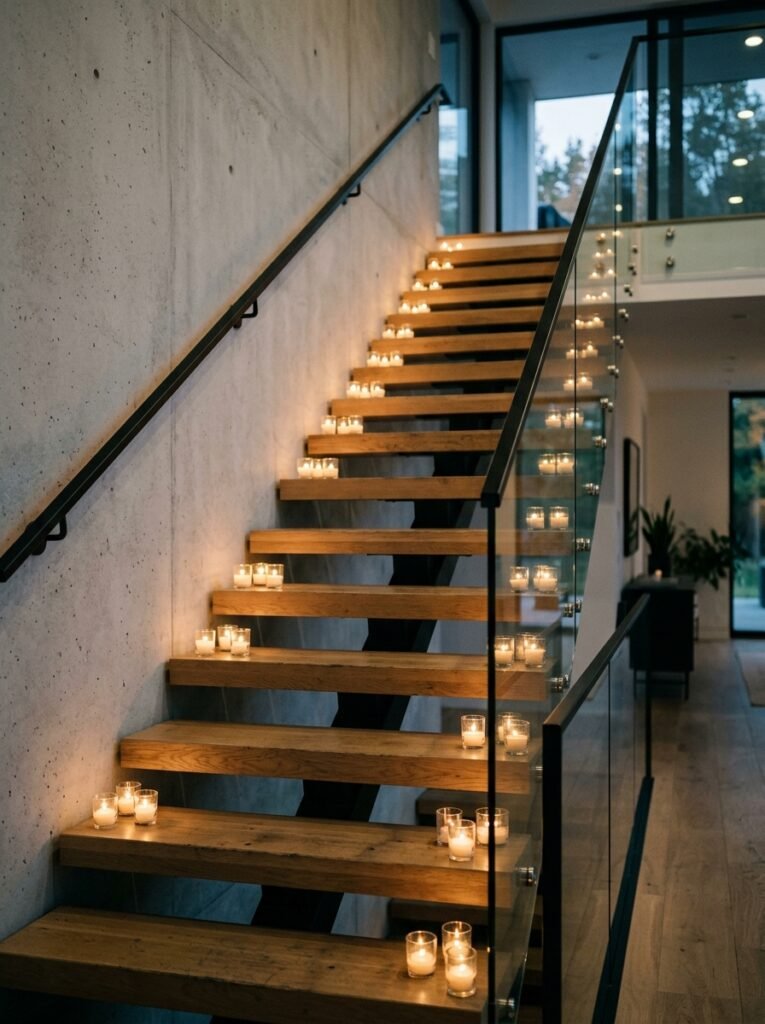 Votive candles lining Halloween staircase steps