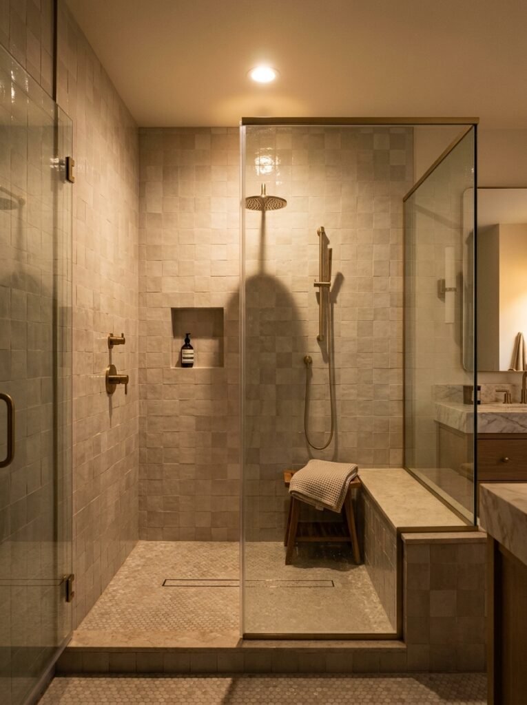 Recessed downlight above a walk-in shower