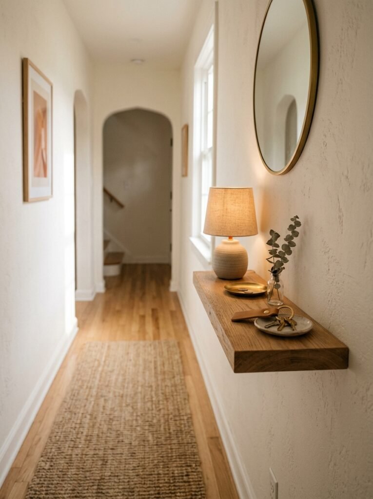 Wall mounted floating ledge in a narrow entryway