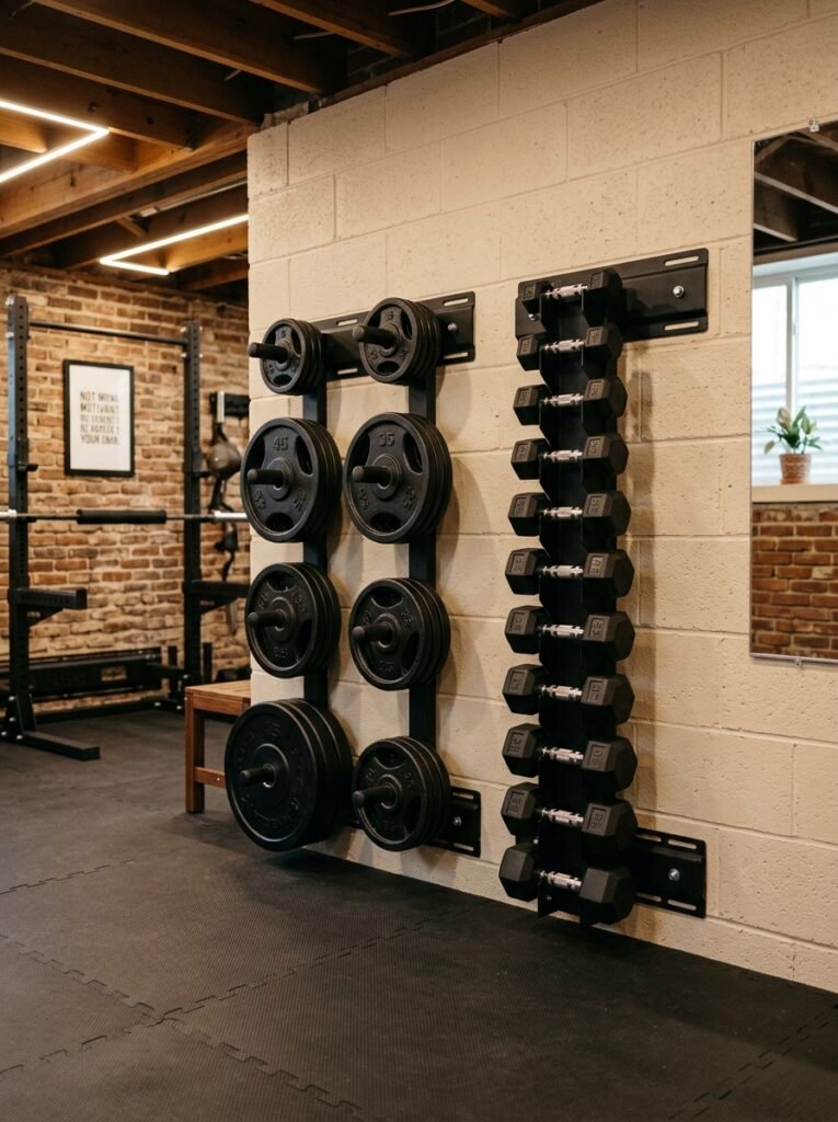 Wall mounted plate tree and dumbbell rack in a basement gym