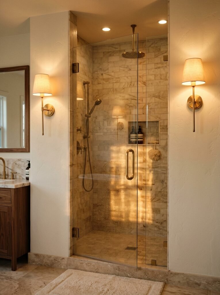 Sconces flanking a glass shower entry