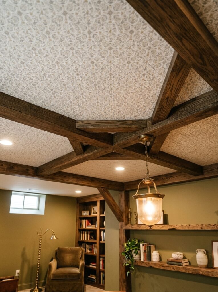 Wallpapered basement ceiling with a subtle pattern