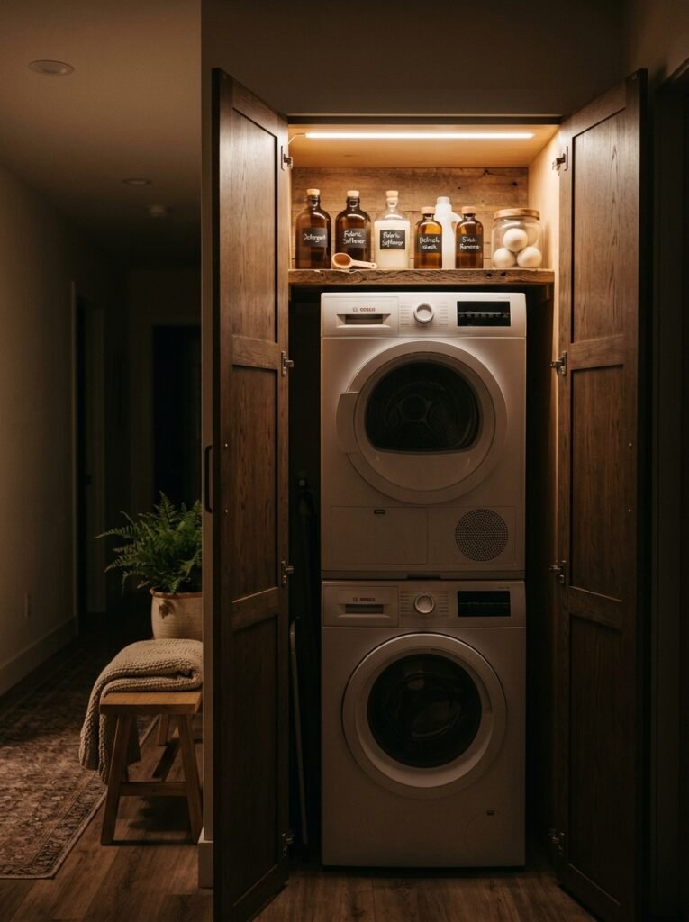 LED light strip glowing inside a hidden laundry cabinet
