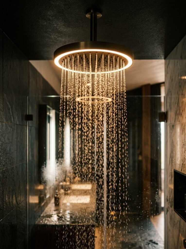 Rainfall shower head with built-in LED lighting