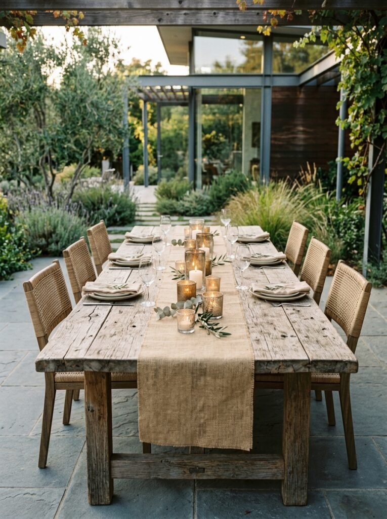 Burlap runner on a weathered wood patio table