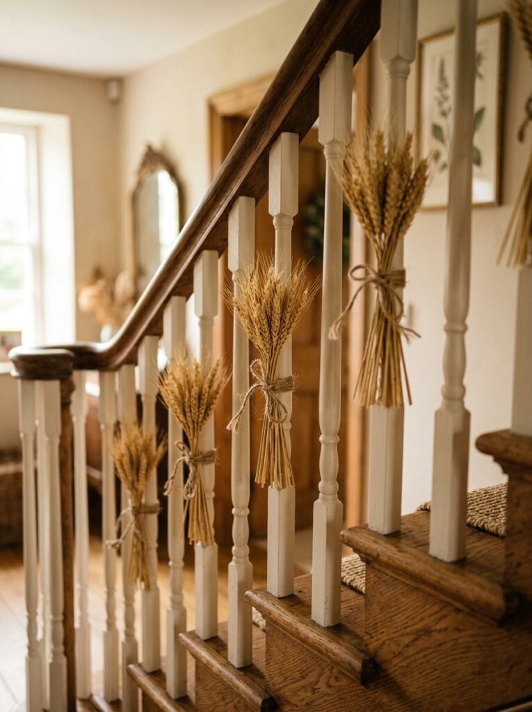 Wheat sheaves tied along a staircase railing