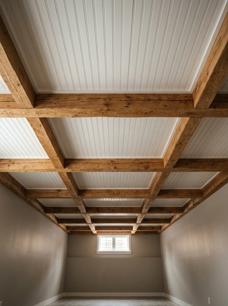 White beadboard filled between exposed basement joists