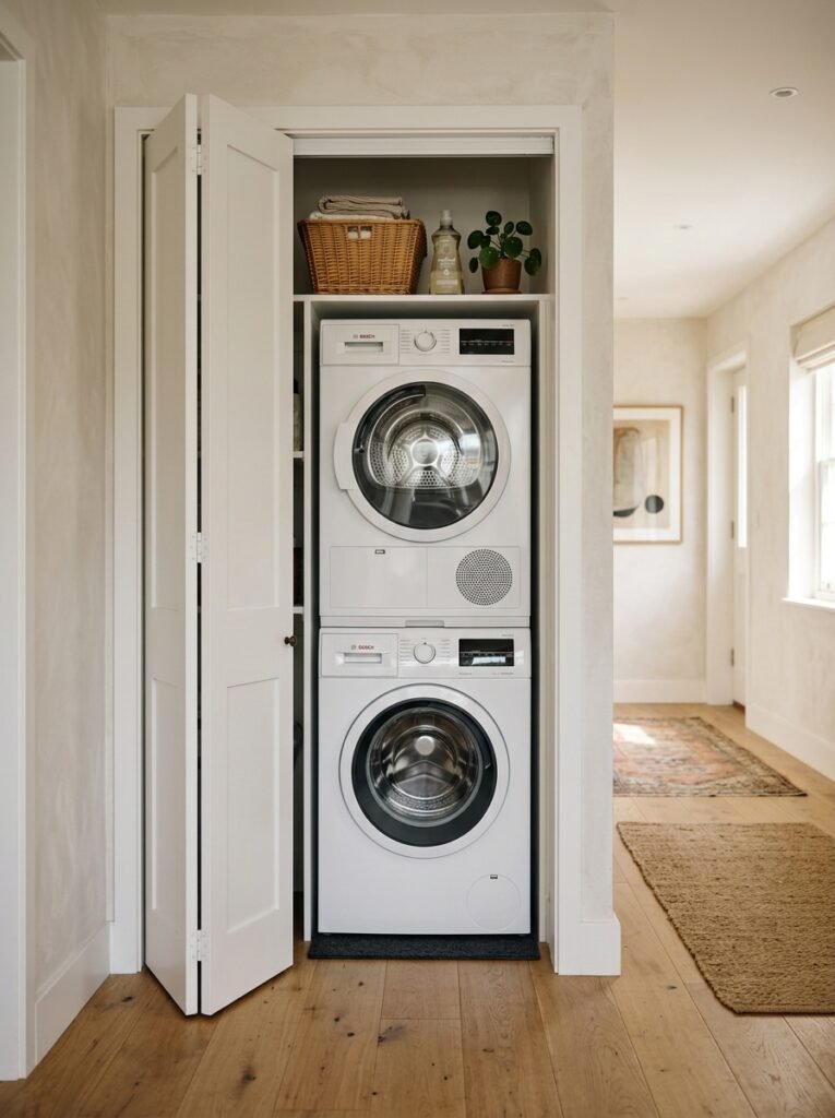 Bifold doors open revealing a stacked washer and dryer