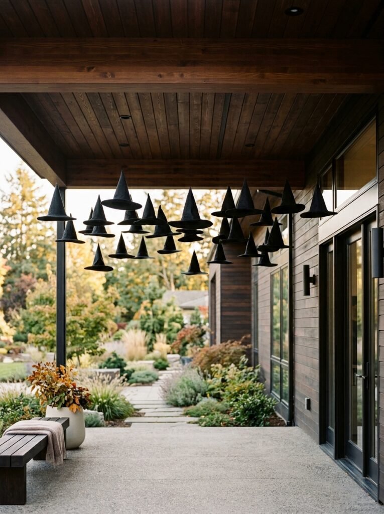 Floating witch hats above a covered Halloween porch