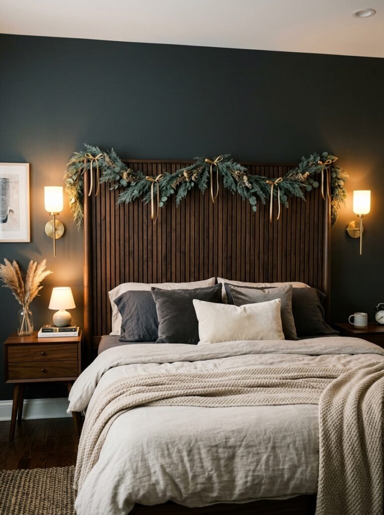 Smokey cypress and gold ribbon garland draped across a modern wood headboard.