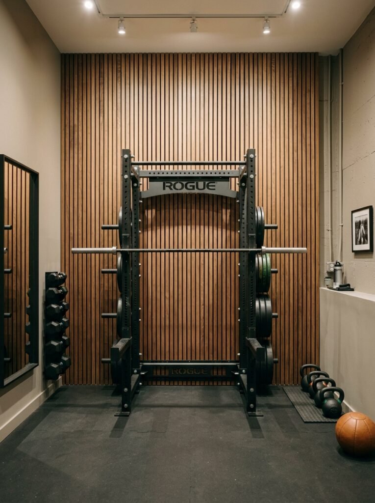 Wood slat accent wall behind a basement gym rack