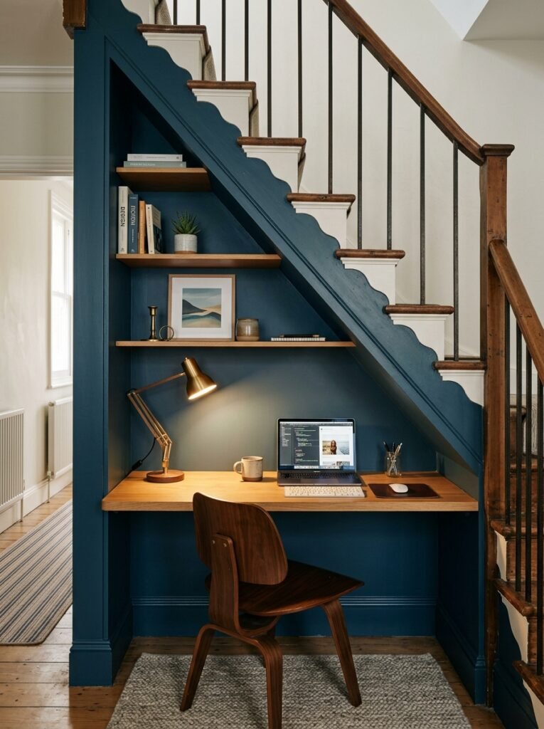 Built-in desk under a staircase with shelving