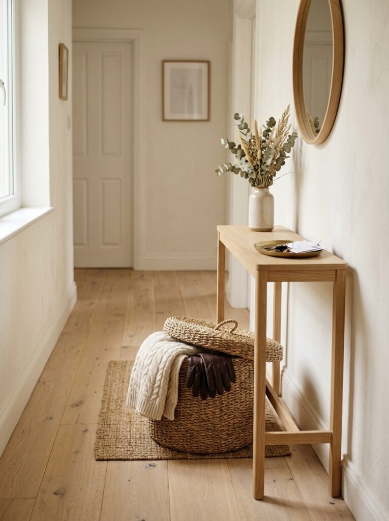 Lidded seagrass basket beside a slim console table in a narrow entryway