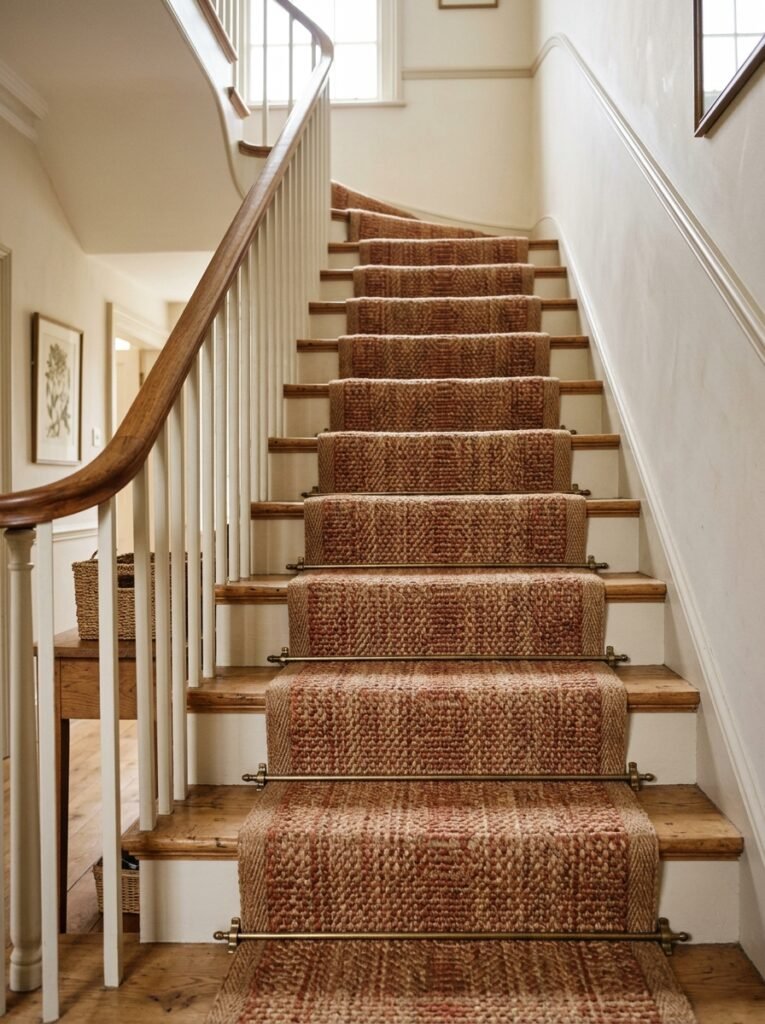 Jute stair runner in terracotta tones on timber stairs
