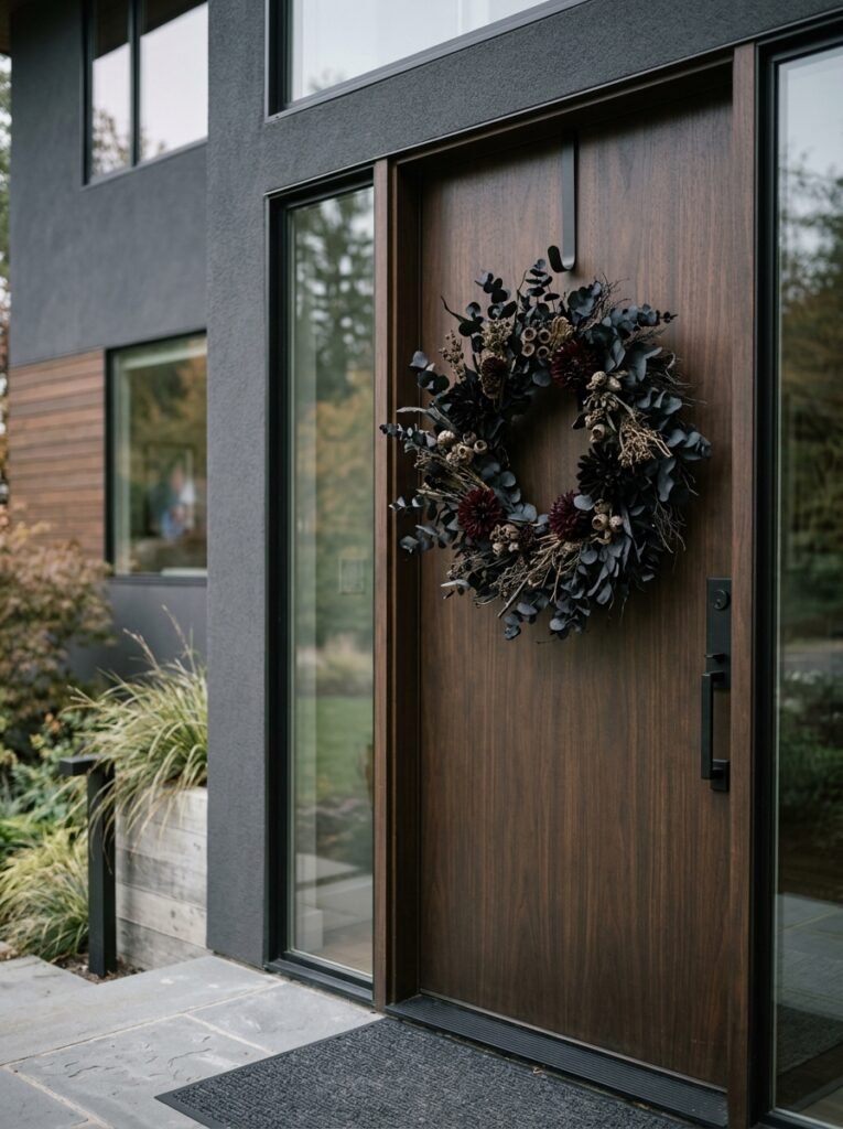 Dark dried wreath on a Halloween front door