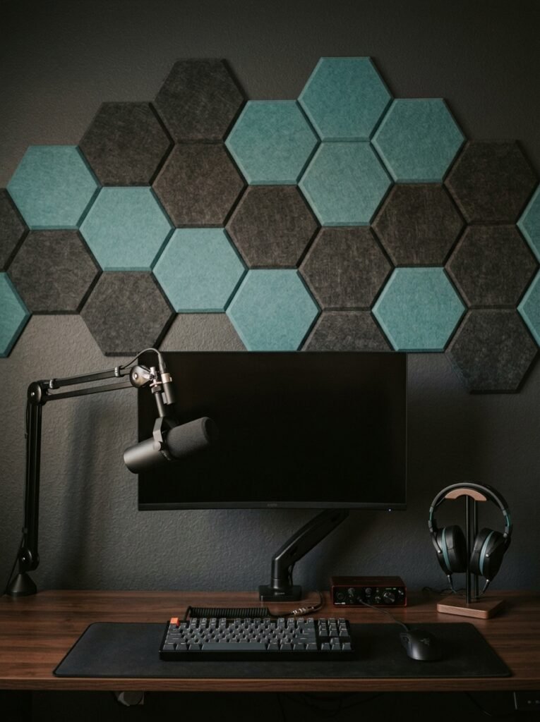 acoustic panels on the wall behind a gaming desk