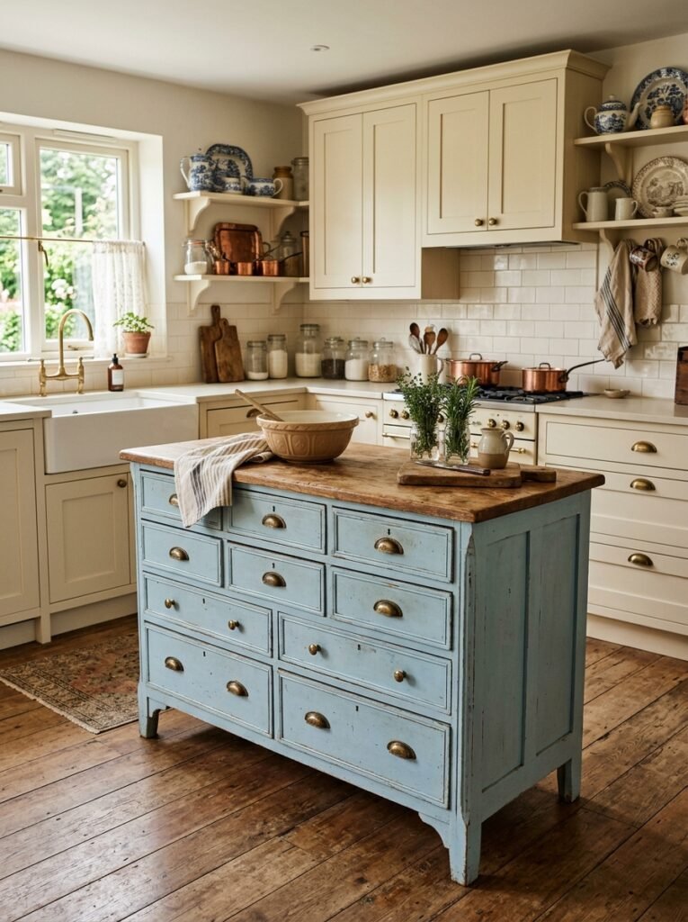 Antique dresser repurposed as a powder-blue kitchen island