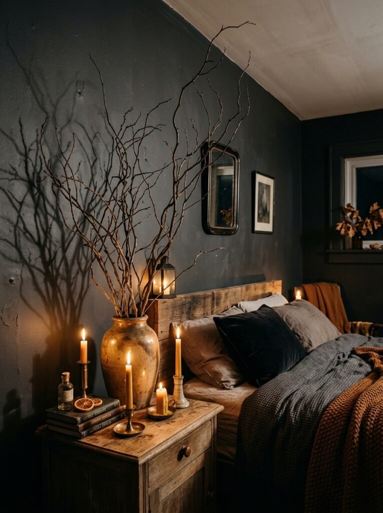 Moody Halloween bedroom with bare autumn branches casting dramatic shadows